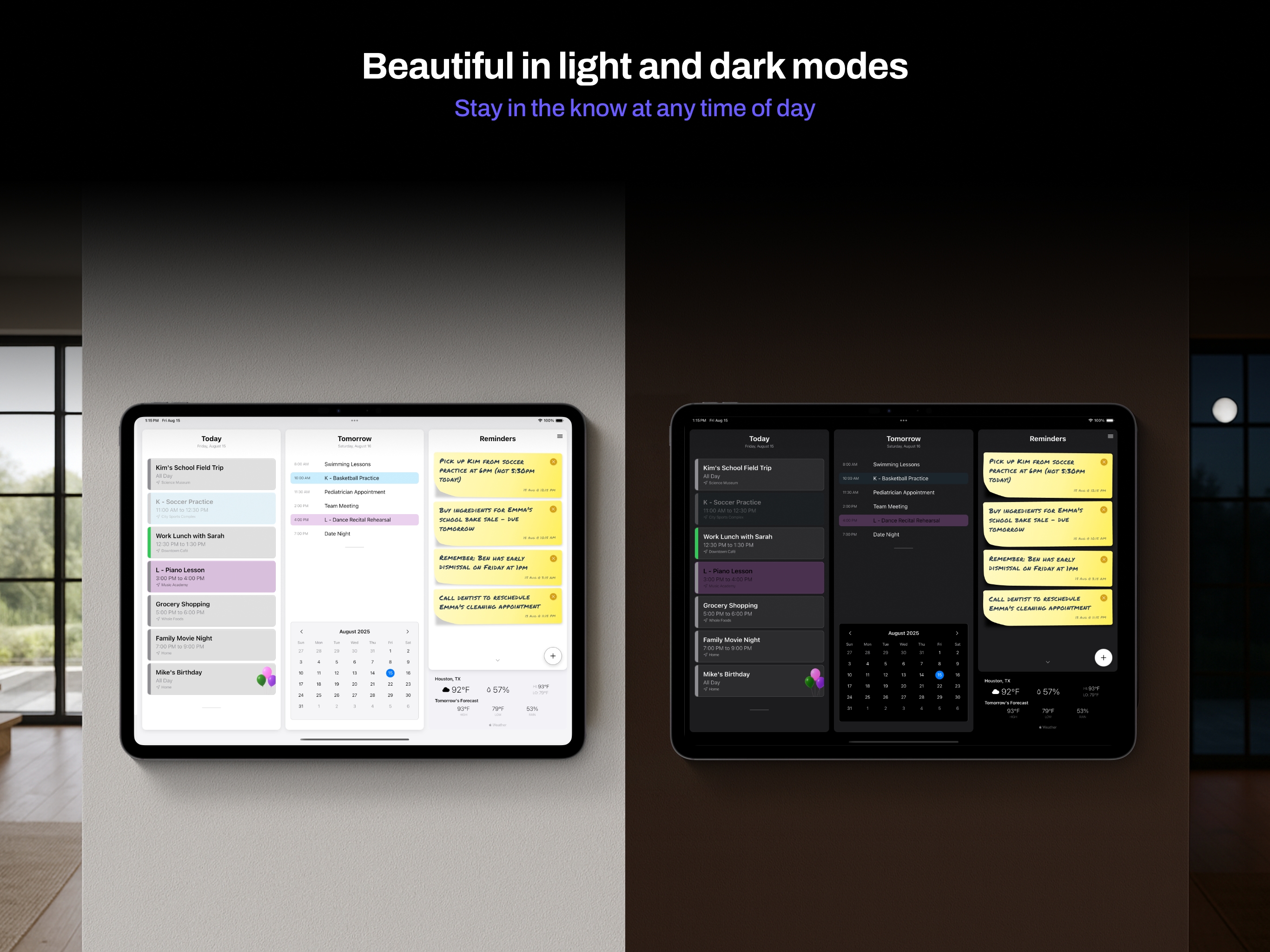 Dark mode interface optimized for always-on displays and evening family use