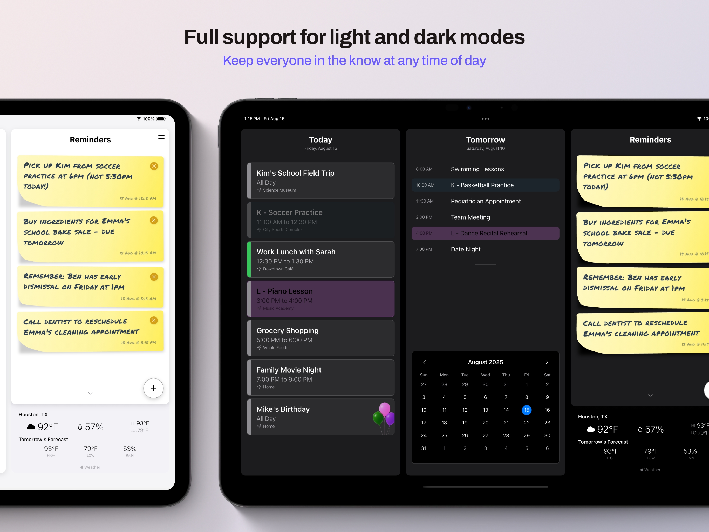 Beautiful dark mode interface perfect for evening family planning and always-on displays