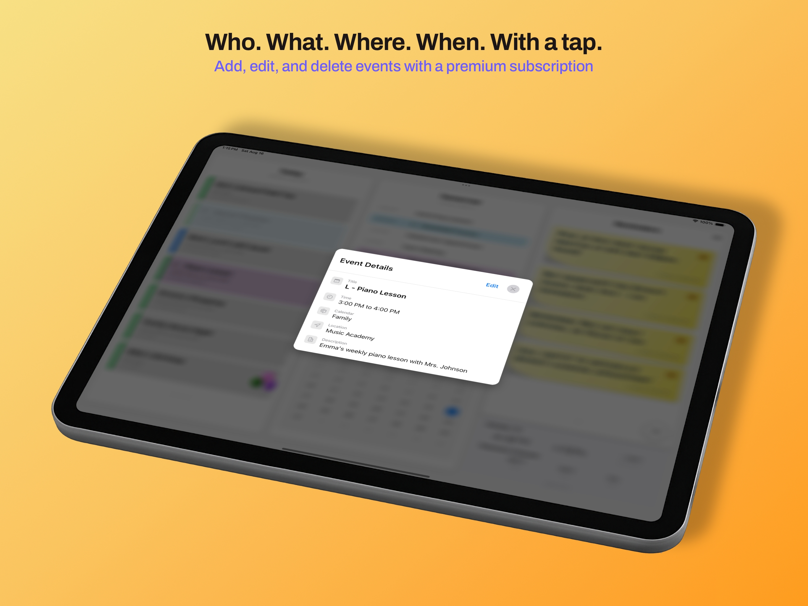 Detailed event view with editing options and family member assignments
