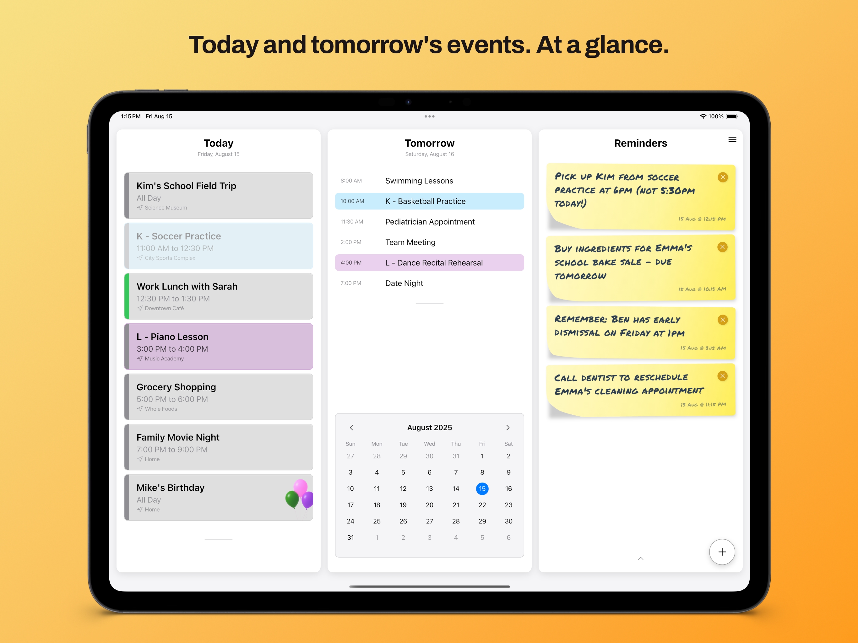 Clean daily agenda view showing today and tomorrow's events in an organized iPad layout